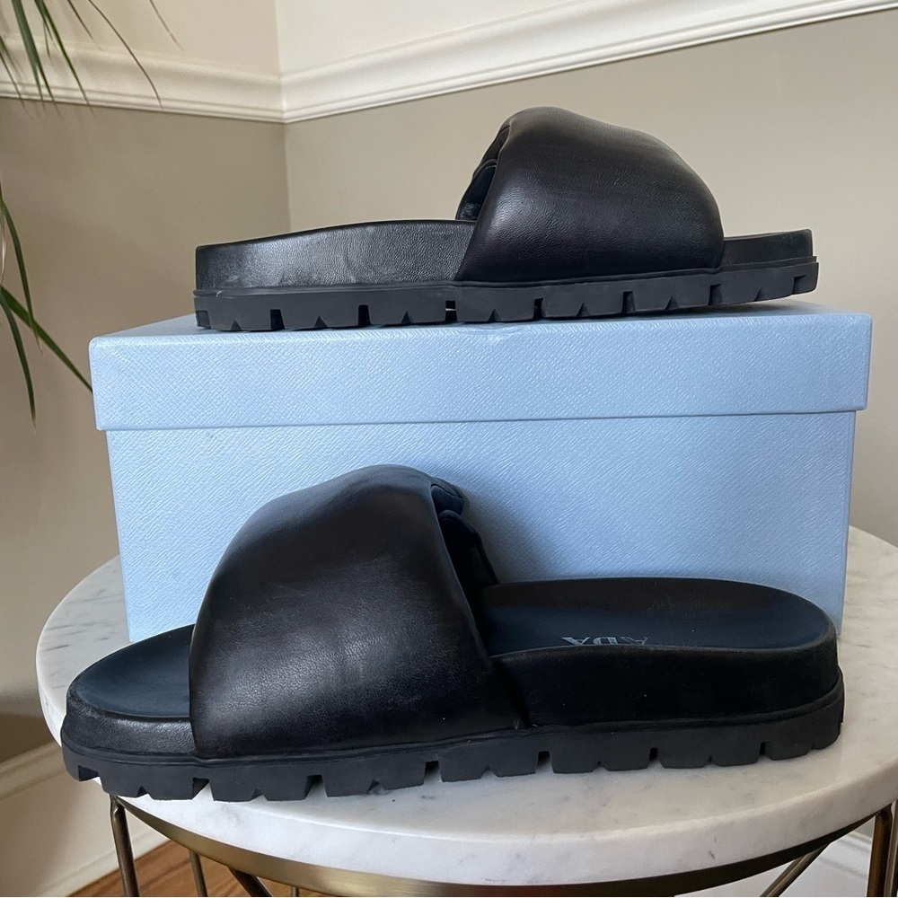 Prada Soft Padded Nappa Leather Slides Black - Picture 4 of 15